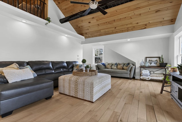 11 Pearl St, Groton, CT 06340 - living area with hardwood / wood-style floors, a healthy amount of sunlight, a ceiling fan, high vaulted ceiling, and wood ceiling