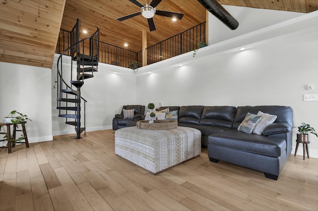 11 Pearl St, Groton, CT 06340 - living area featuring light wood-type flooring, high vaulted ceiling, wood ceiling, ceiling fan, and stairs