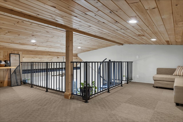 11 Pearl St, Groton, CT 06340 - hallway with carpet flooring, recessed lighting, wood ceiling, and lofted ceiling