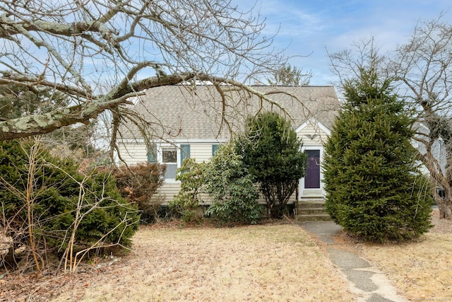 view of property hidden behind natural elements featuring a shingled roof