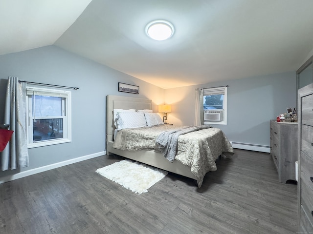 bedroom featuring dark wood-style floors, a baseboard radiator, and vaulted ceiling