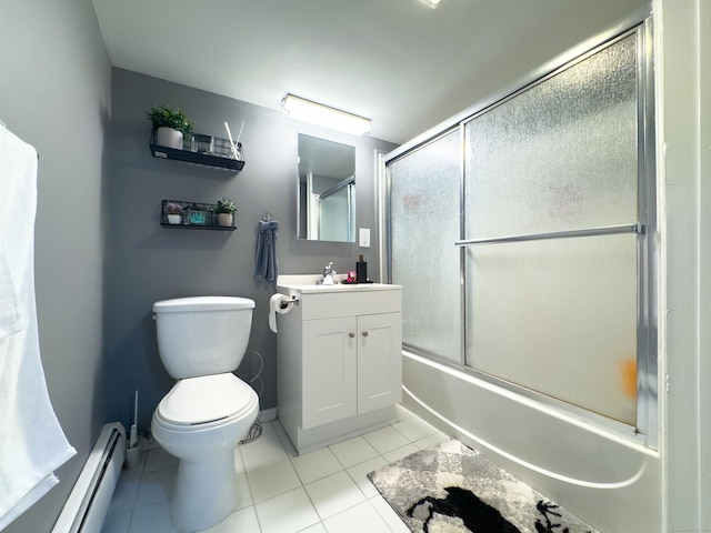 full bathroom featuring tile patterned flooring, toilet, vanity, combined bath / shower with glass door, and baseboard heating