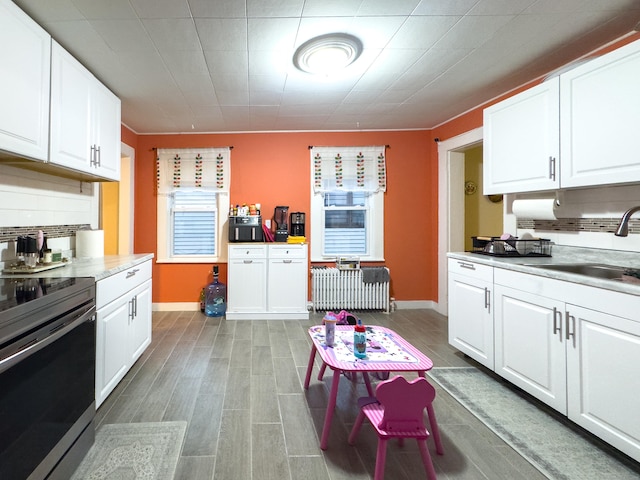 kitchen featuring light countertops, a sink, white cabinets, and stainless steel electric stove