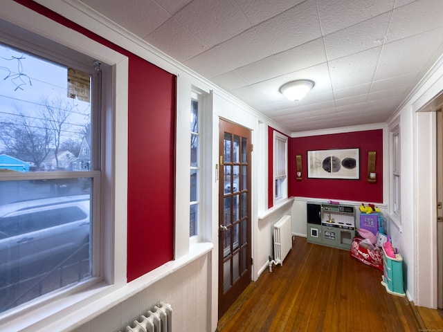 doorway featuring radiator, hardwood / wood-style flooring, and crown molding