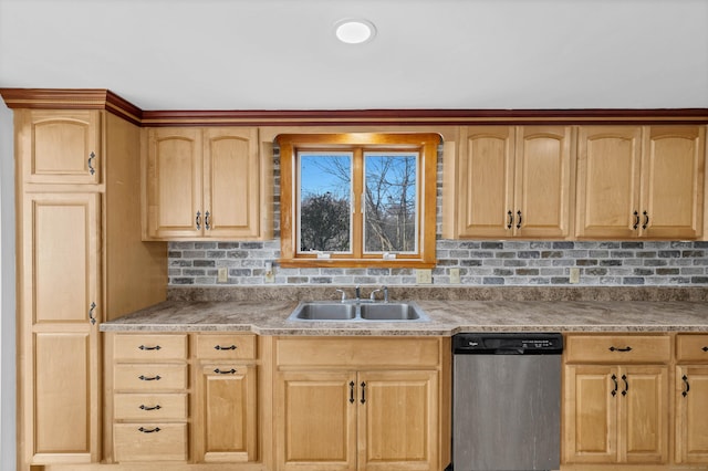 kitchen with a sink, light countertops, dishwasher, and light brown cabinetry