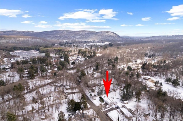 snowy aerial view featuring a mountain view