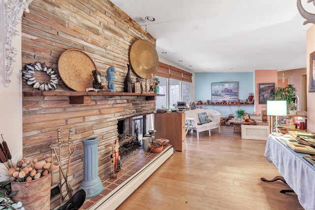 living room with a fireplace and wood finished floors