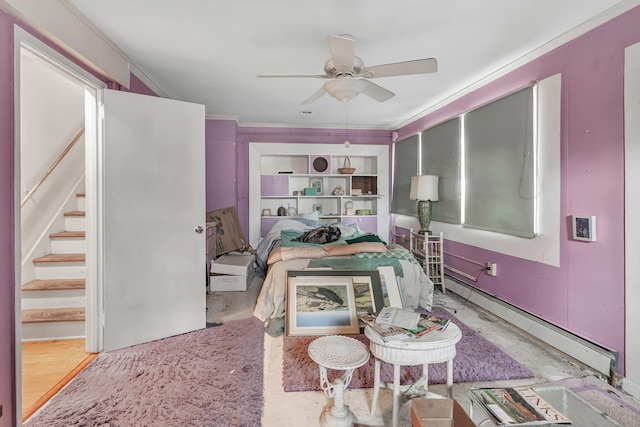 bedroom with ceiling fan, ornamental molding, and baseboard heating