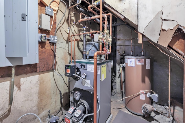 utility room featuring electric panel, water heater, and a heating unit