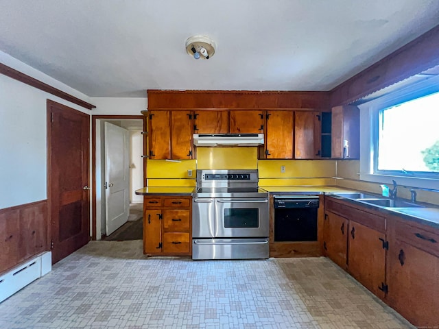 kitchen featuring stainless steel electric range oven, a baseboard heating unit, a sink, dishwasher, and under cabinet range hood