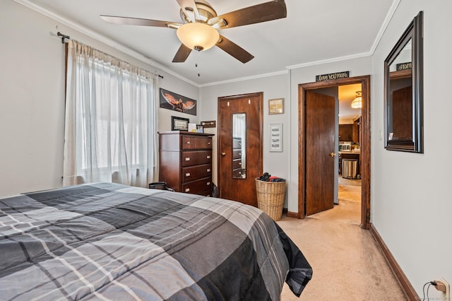 bedroom with light carpet, ornamental molding, a ceiling fan, and baseboards