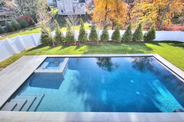 view of pool featuring a hot tub, a fenced backyard, a fenced in pool, and a lawn