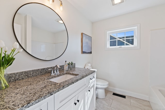 full bathroom with baseboards, visible vents, toilet, tile patterned floors, and vanity