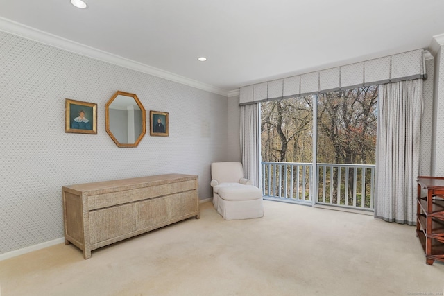 living area featuring baseboards, wallpapered walls, ornamental molding, carpet, and recessed lighting
