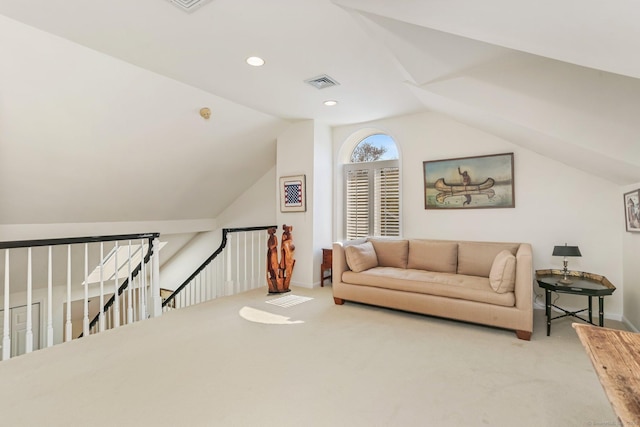 sitting room with carpet, recessed lighting, an upstairs landing, lofted ceiling, and visible vents