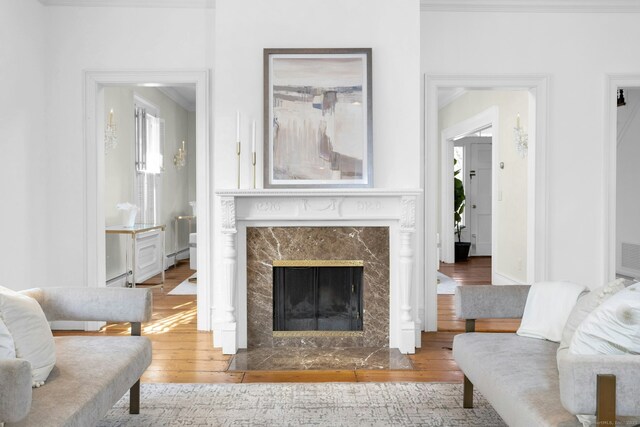 living room featuring ornamental molding, a high end fireplace, and wood-type flooring