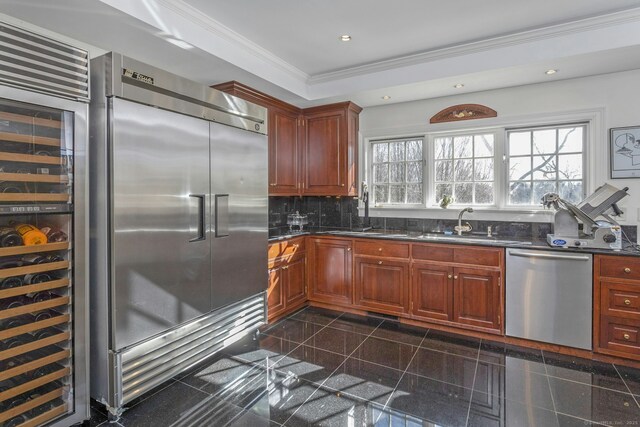 342 Greens Farms Rd, Westport, CT 06880 - kitchen with ornamental molding, granite finish floor, wine cooler, recessed lighting, and stainless steel appliances