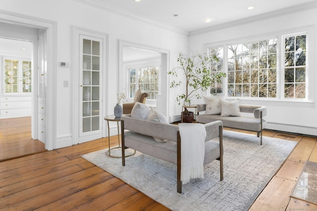 342 Greens Farms Rd, Westport, CT 06880 - living area with hardwood / wood-style floors, ornamental molding, visible vents, and recessed lighting