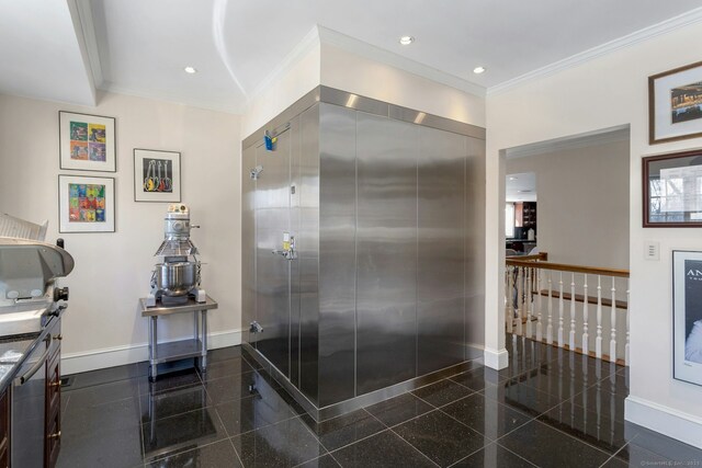 bathroom featuring ornamental molding, recessed lighting, granite finish floor, and baseboards