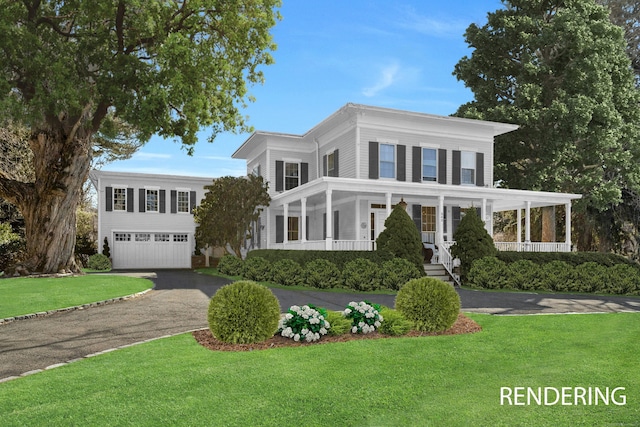 342 Greens Farms Rd, Westport, CT 06880 - neoclassical / greek revival house with a garage, driveway, a front lawn, and covered porch