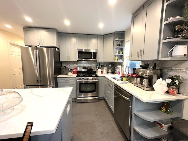 18 Soundview Ave, Norwalk, CT 06854 - kitchen with a sink, gray cabinetry, open shelves, and stainless steel appliances