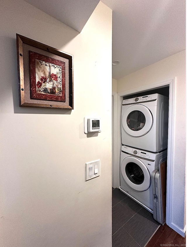 18 Soundview Ave, Norwalk, CT 06854 - clothes washing area featuring stacked washer / dryer and laundry area