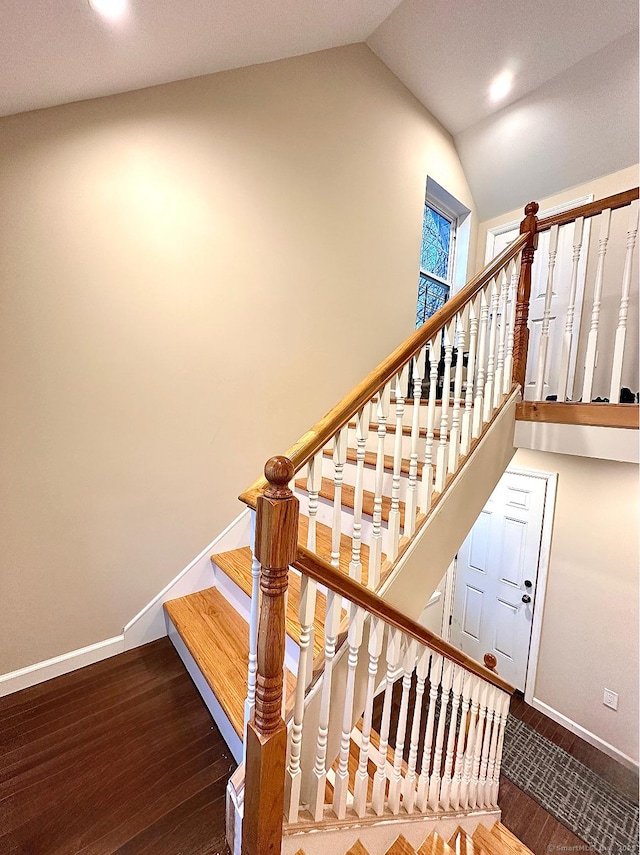 18 Soundview Ave, Norwalk, CT 06854 - stairs with baseboards, vaulted ceiling, and wood finished floors