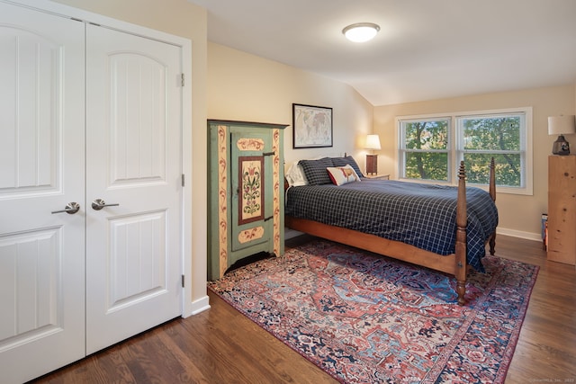 bedroom featuring lofted ceiling, a closet, baseboards, and wood finished floors