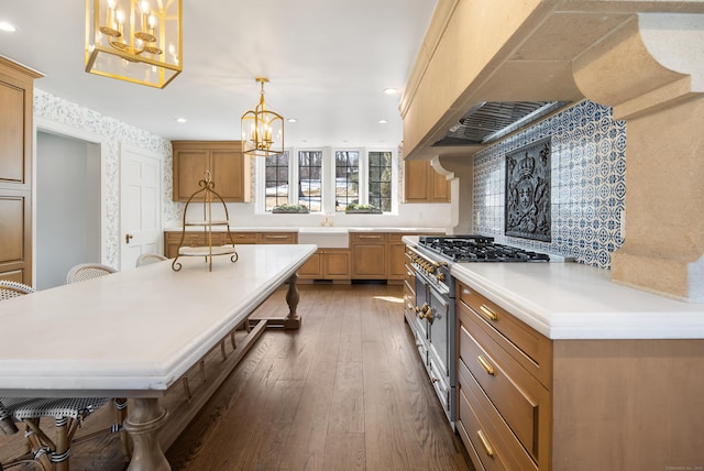 kitchen with a sink, light countertops, high end stainless steel range, hardwood / wood-style floors, and an inviting chandelier