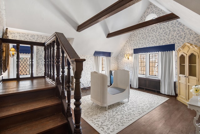 interior space featuring high vaulted ceiling, hardwood / wood-style flooring, beam ceiling, and wallpapered walls