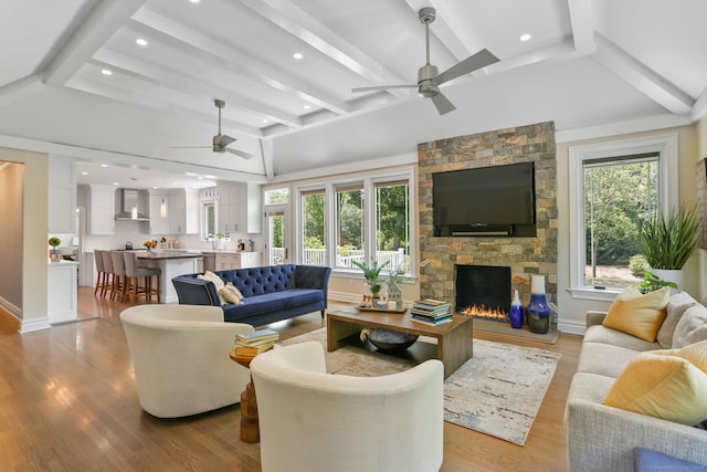 living area featuring a wealth of natural light, a fireplace, and light wood finished floors