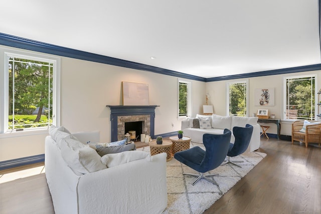 living area with baseboards, ornamental molding, wood finished floors, and a stone fireplace