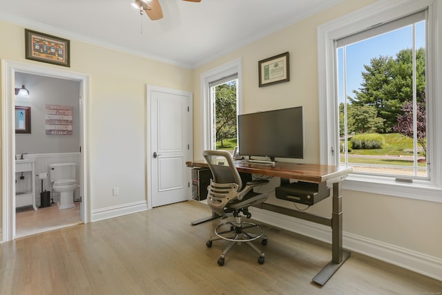 office featuring ornamental molding, wood finished floors, a ceiling fan, and baseboards