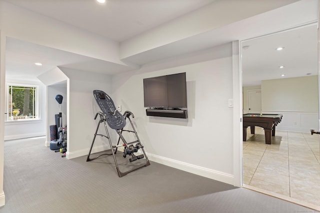 exercise area with recessed lighting, billiards, and baseboards