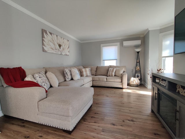 living room with a wall mounted air conditioner, crown molding, and wood finished floors