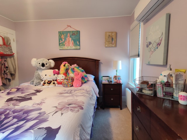 bedroom with light colored carpet