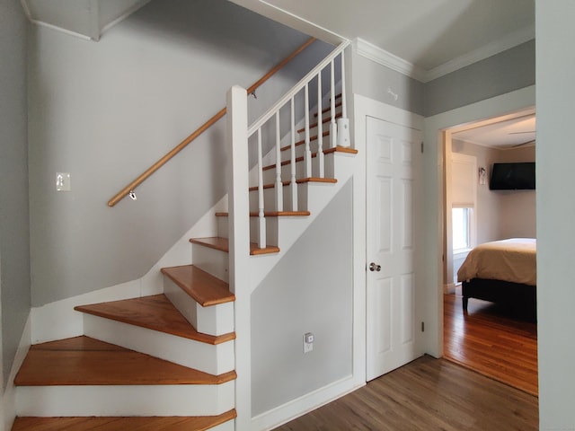 staircase featuring ornamental molding and wood finished floors