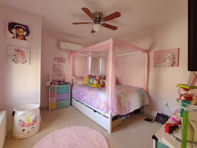 carpeted bedroom featuring ceiling fan and an AC wall unit