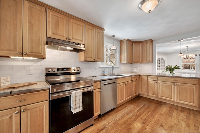 kitchen with under cabinet range hood, stainless steel appliances, a sink, light wood-style floors, and hanging light fixtures