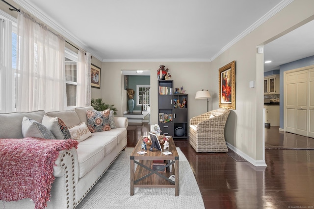 living room featuring baseboards, wood finished floors, and crown molding