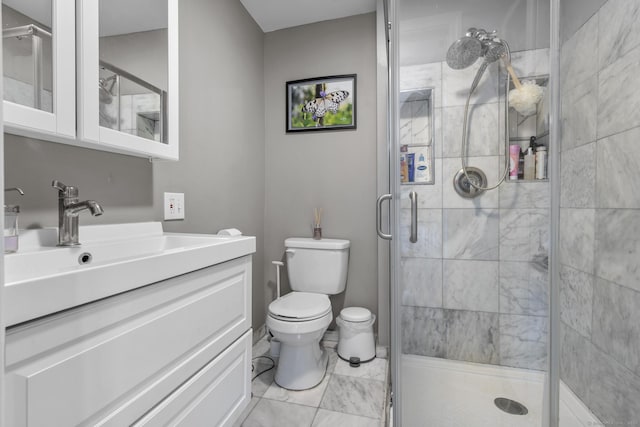 full bathroom featuring a stall shower, vanity, and toilet