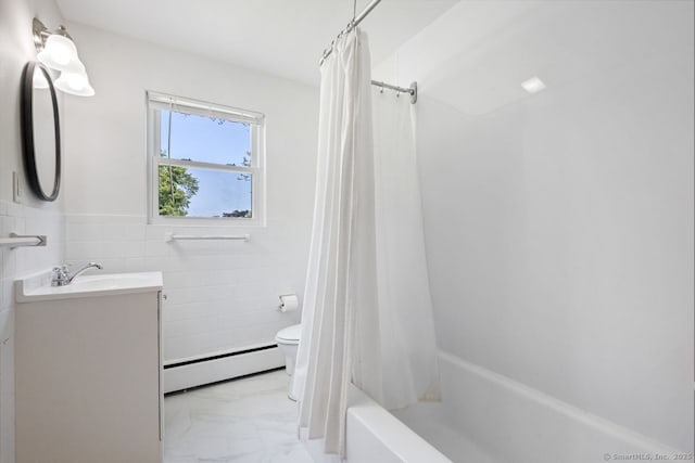 29 Maplewood Dr, Greenwich, CT 06807 - full bath with a baseboard heating unit, vanity, marble look tiles, tile walls, and shower / bath combo with shower curtain