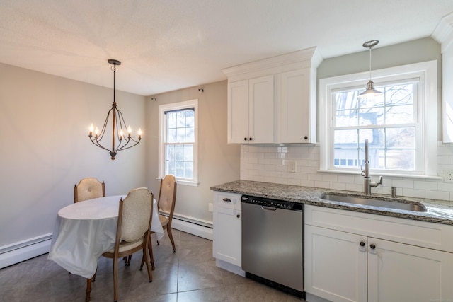 kitchen featuring stainless steel dishwasher, baseboard heating, a sink, and white cabinets