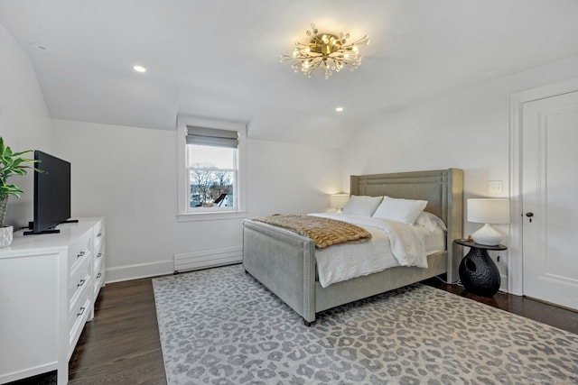 bedroom with dark wood-type flooring, baseboards, lofted ceiling, recessed lighting, and a baseboard radiator