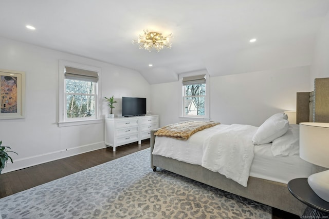 bedroom featuring recessed lighting, baseboards, wood finished floors, and vaulted ceiling