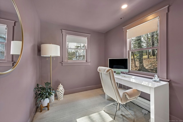 carpeted office space featuring recessed lighting and baseboards