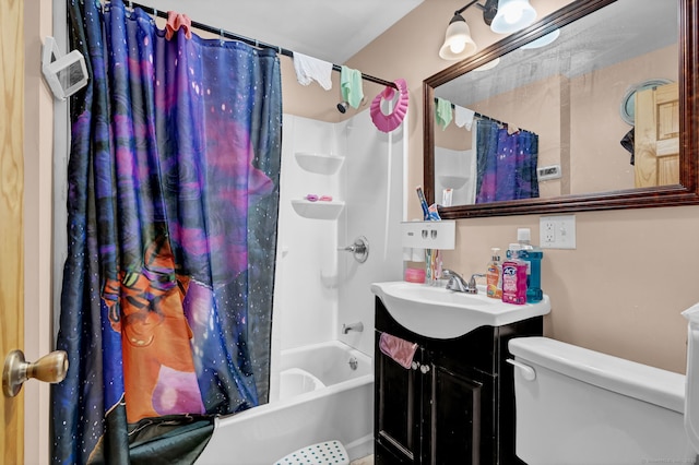 bathroom with shower / bath combination with curtain, vanity, and toilet