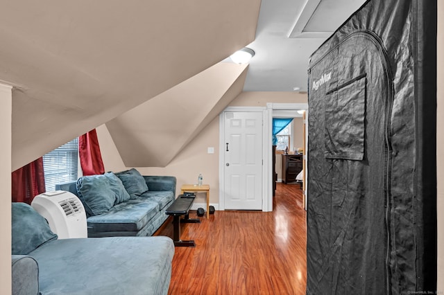 living area featuring lofted ceiling, plenty of natural light, and wood finished floors