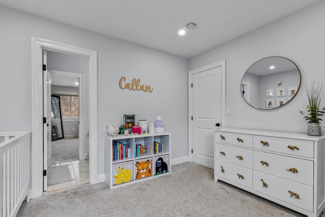 playroom featuring baseboards, carpet flooring, and recessed lighting