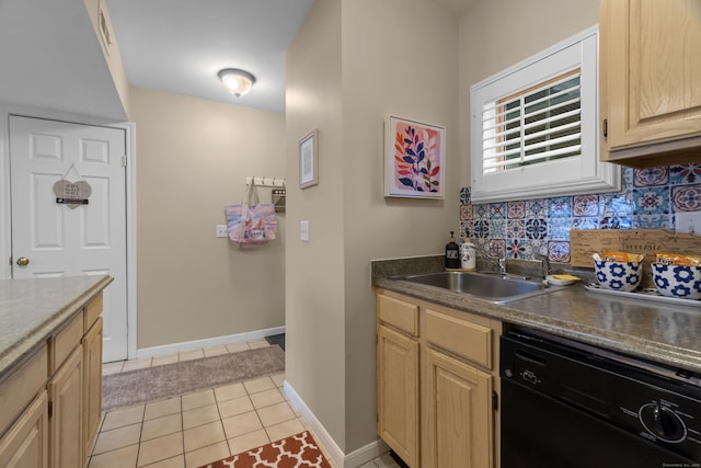 313 Old Pond Ln Unit 313, Norwich, CT 06360 - kitchen with dishwasher, backsplash, light tile patterned floors, light brown cabinetry, and a sink